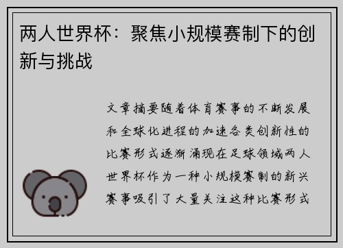 两人世界杯：聚焦小规模赛制下的创新与挑战